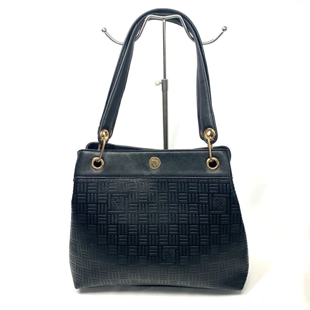 Anne Klein Shoulder Bag Textured Black Vegan Leather Gold Hardware 13"W x 11.5"H